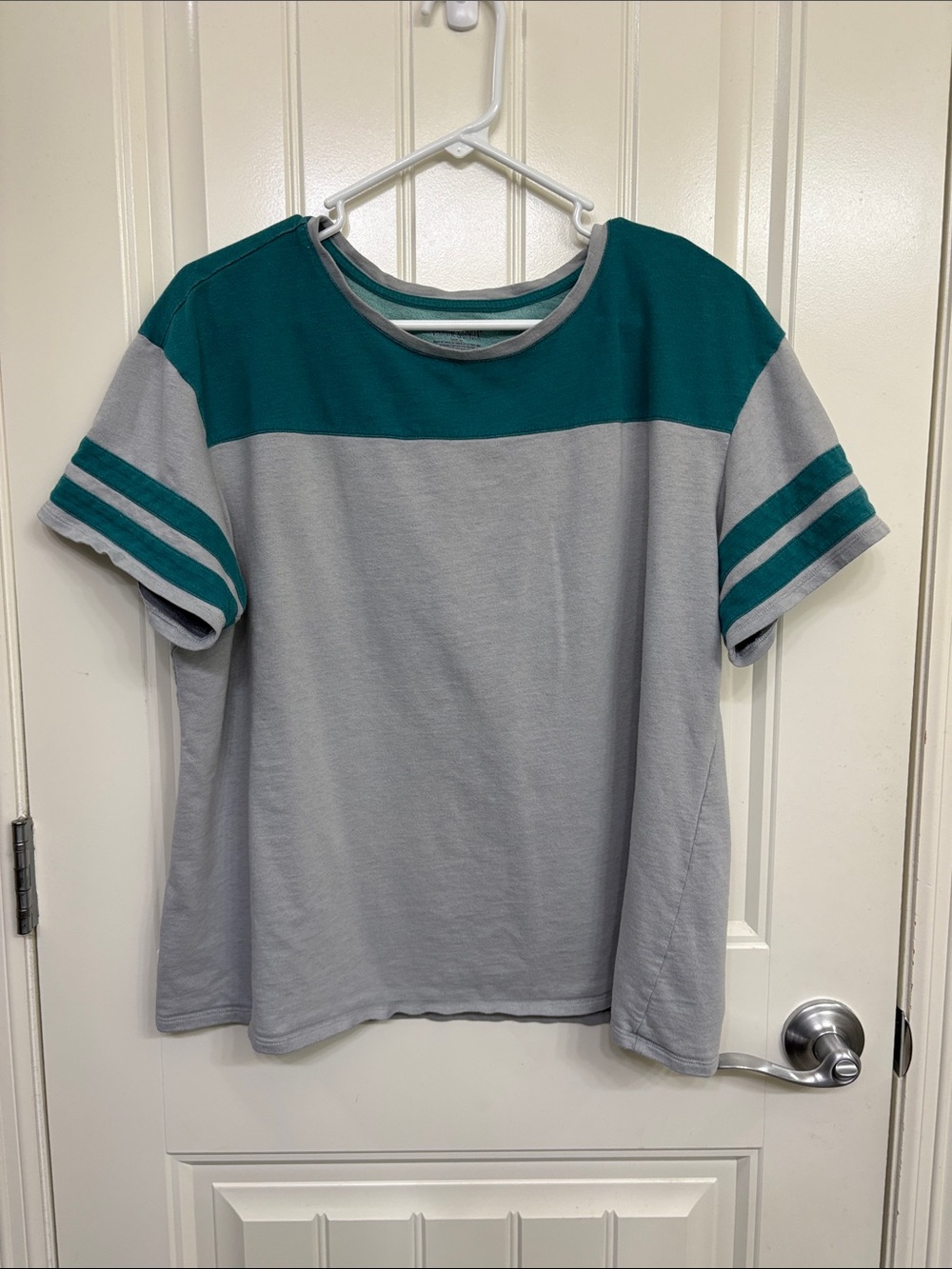 Jasmine & Ginger Grey Tee with Teal Yoke and Sleeve Stripes